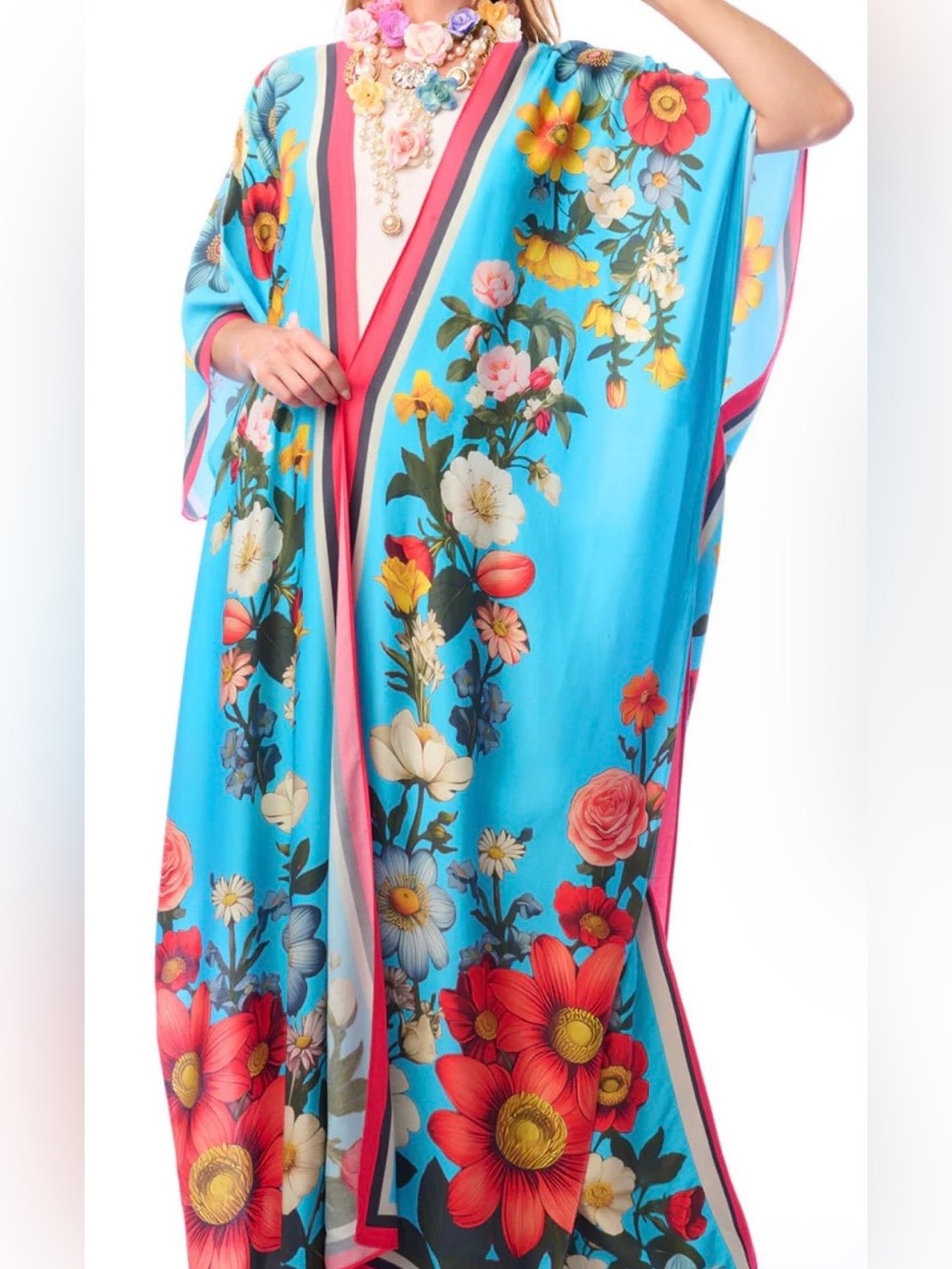 Aratta Floral Maxi Tunic Kaftan in Bright Turquoise NWT